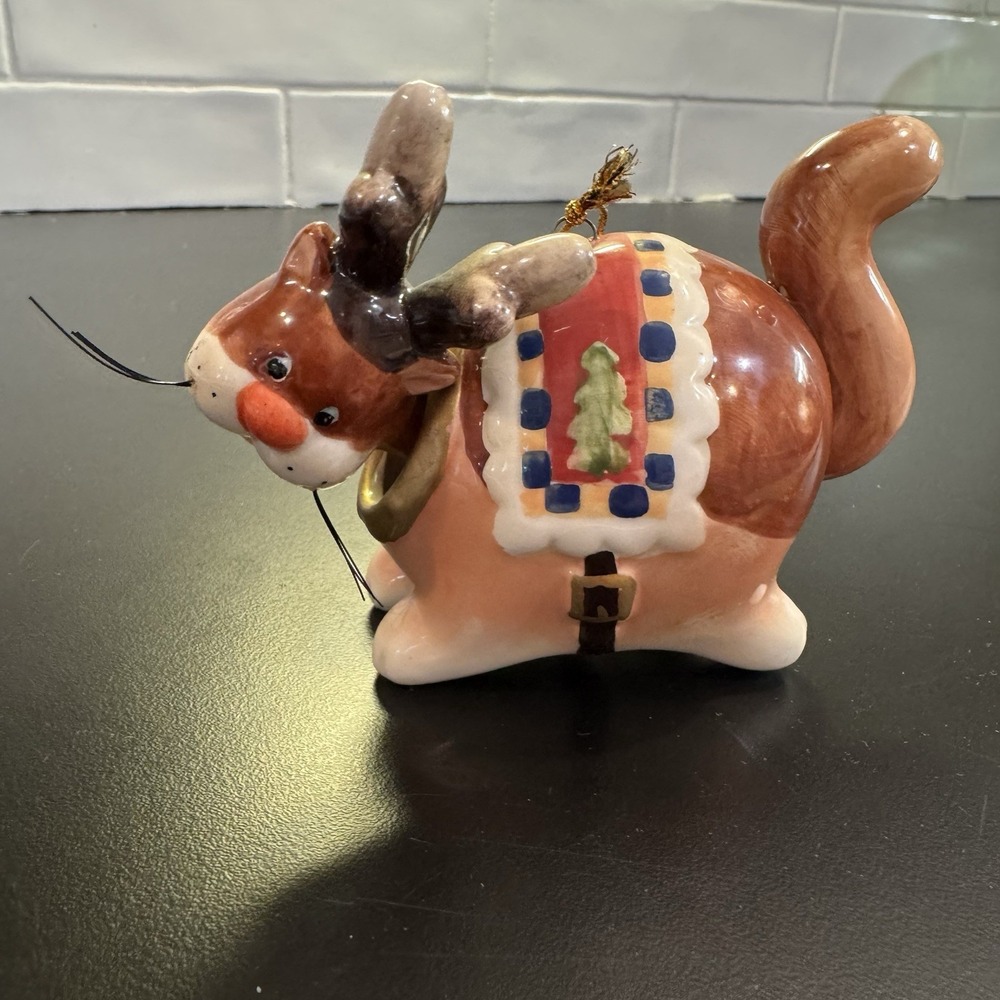 Crazy Cat‎ Lady Reindeer Christmas Ornament Bobble Head Ceramic Figurine 4"